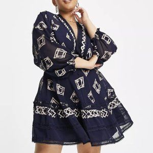 ASOS CURVE Embroidered Mini Dress, Navy and Gold, Size 18